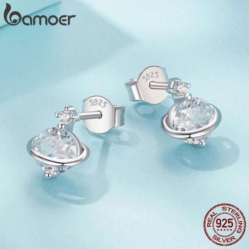 BAMOER 925 Sterling Silver Aesthetic Saturn Planet Earring, White Gold Plated Hypoallergenic Earrings Y2K Jewelry Gift SCE1880