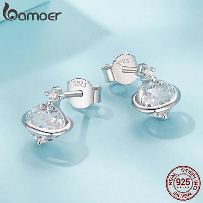 BAMOER 925 Sterling Silver Aesthetic Saturn Planet Earring, White Gold Plated Hypoallergenic Earrings Y2K Jewelry Gift SCE1880