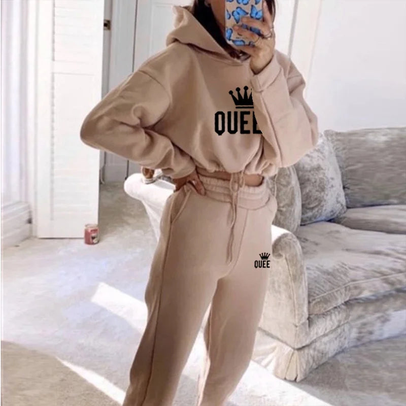 2025 Autumn Winter Women Sweatshirt Set Solid Color Casual Simple Hooded 2 Piece Outfit Set Fashion Gym Jogging  Woman Pant Sets