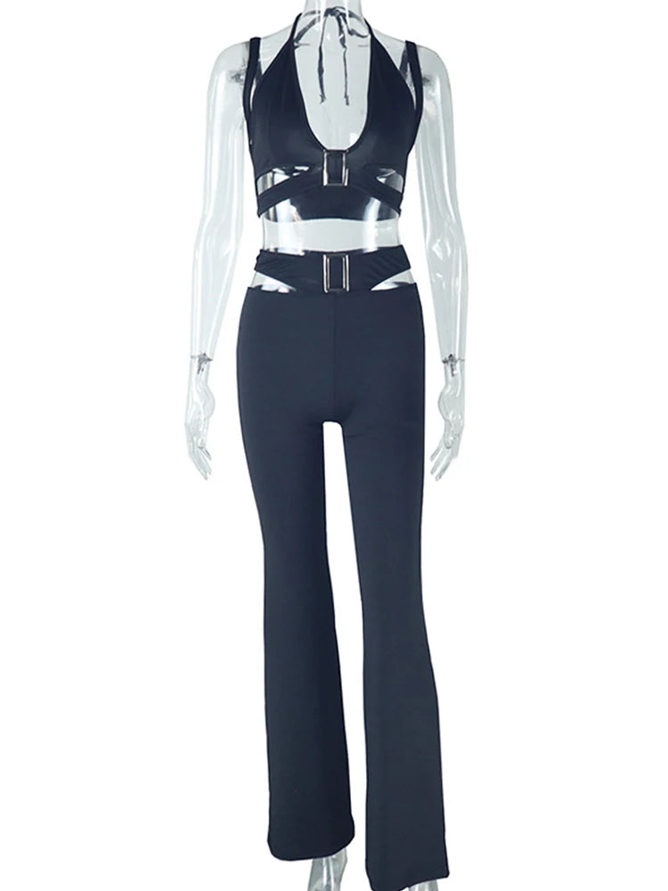 Nibber Stretch 2 Piece Set Women Sexy Summer Halter Metal buckle Tank Tops+Hollow High-Waist Pants Matching Clubwear Outfits