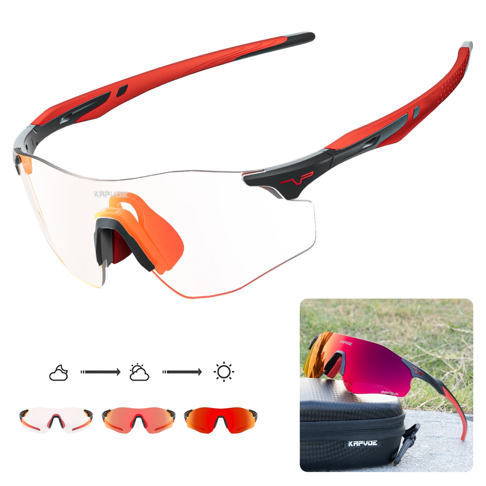 Kapvoe Photochromic Sports Sunglasses Rimless Cycling Glasses Bike Bicycle Glasses Men's MTB Road Running Goggles Red Blue UV400