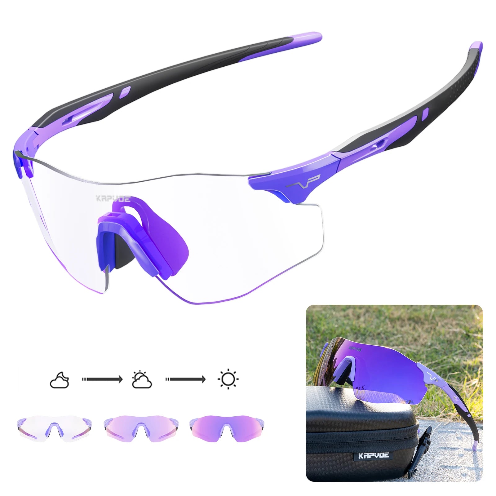 Kapvoe Photochromic Sports Sunglasses Rimless Cycling Glasses Bike Bicycle Glasses Men's MTB Road Running Goggles Red Blue UV400