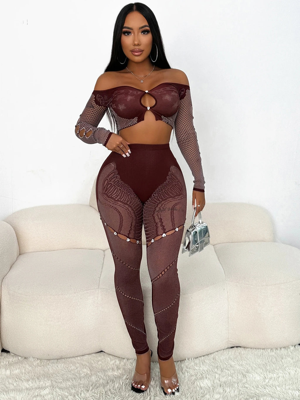 Nibber Slash Neck 2 Piece Set Sexy Thick Women Chic Hollow Rhinestones Crop Tops+Patchwork Leggings Stretch Matching Clubwear