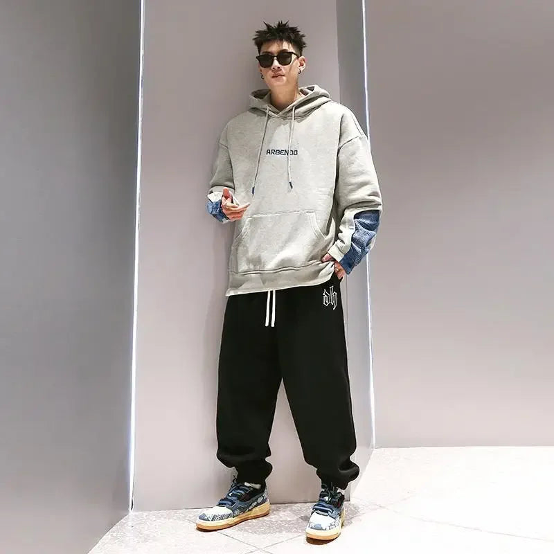 Sweatshirts for Men Khaki Fleeced Splicing Printing Man Hoodies Cotton New in Y2k Vintage Streetwear Novelty and One Piece Loose