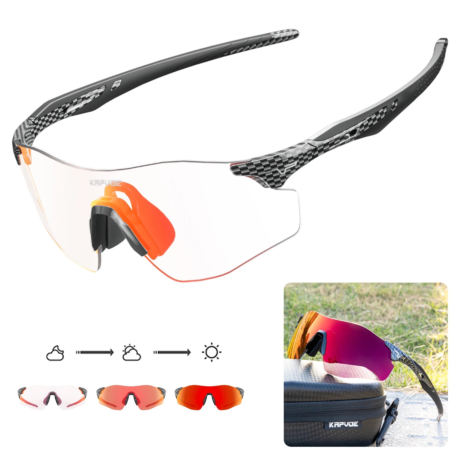 Kapvoe Photochromic Sports Sunglasses Rimless Cycling Glasses Bike Bicycle Glasses Men's MTB Road Running Goggles Red Blue UV400