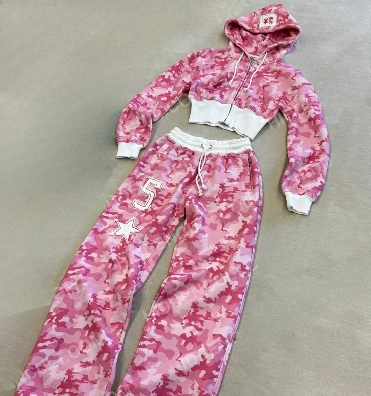 Y2K Fashion Pink Letter Graphic Zipper Sportswear Clothes Women's Casual Short Top Set Sweatshirt Loose Sport Pants
