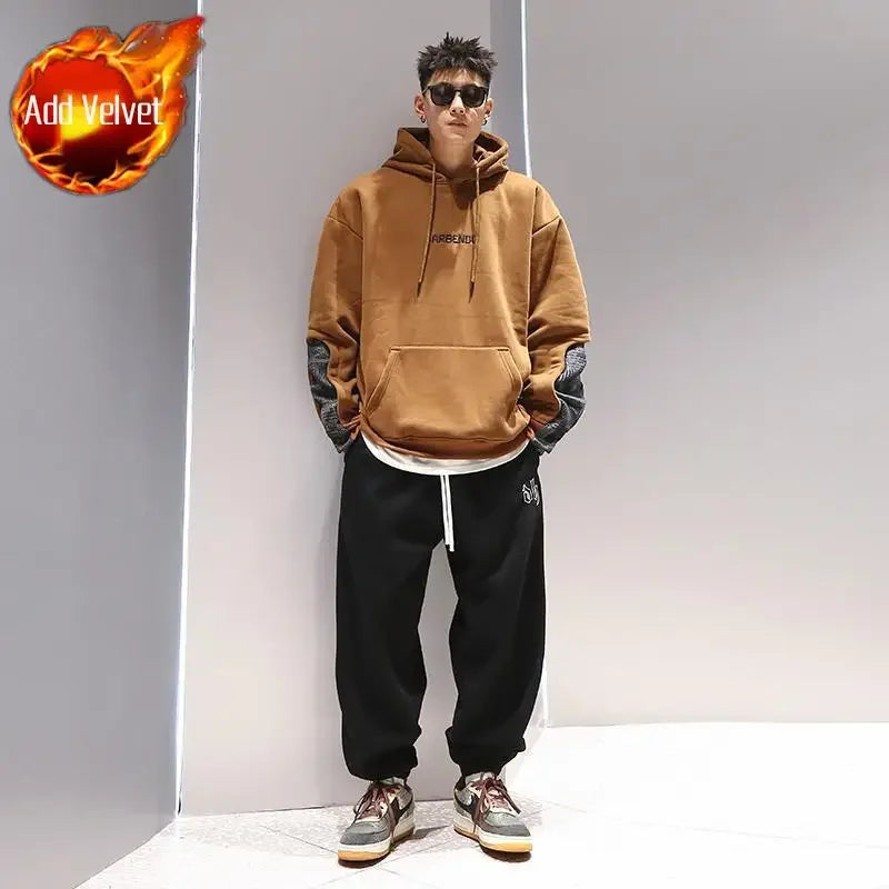 Sweatshirts for Men Khaki Fleeced Splicing Printing Man Hoodies Cotton New in Y2k Vintage Streetwear Novelty and One Piece Loose