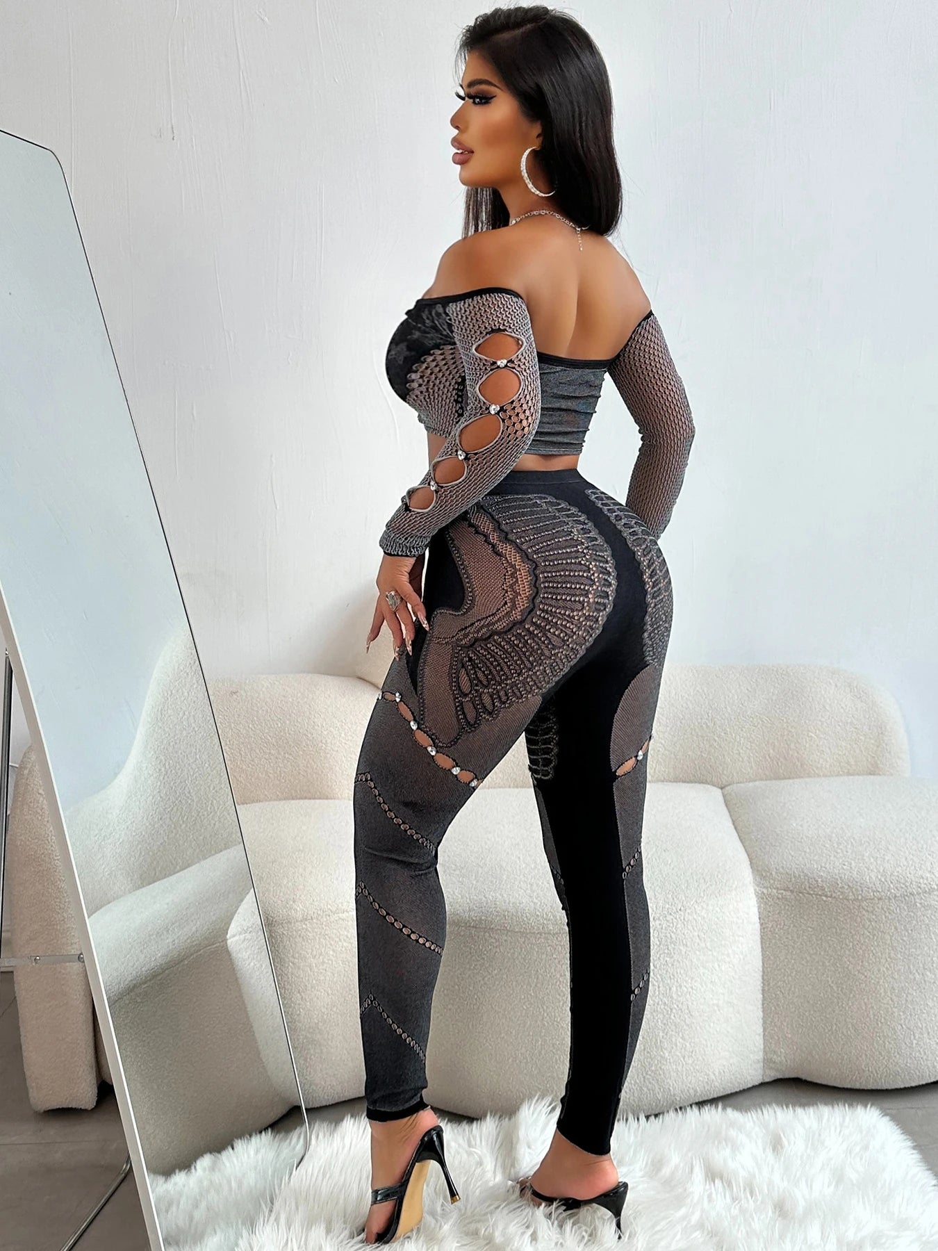 Nibber Slash Neck 2 Piece Set Sexy Thick Women Chic Hollow Rhinestones Crop Tops+Patchwork Leggings Stretch Matching Clubwear