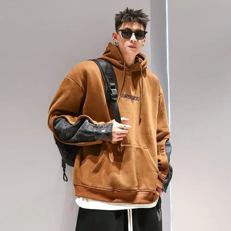 Sweatshirts for Men Khaki Fleeced Splicing Printing Man Hoodies Cotton New in Y2k Vintage Streetwear Novelty and One Piece Loose