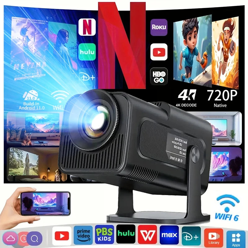 High-Definition Projector with Auto Keystone Correction and 180° Rotation, Android, Wi-Fi 6/BT5.4, Native 720P Resolution/Supports 4K Decoding, Compatible with Netflix/Prime Video/Hulu, Indoor/Outdoor Home Theater, Ideal Gif
