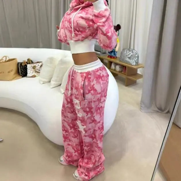 Y2K Fashion Pink Letter Graphic Zipper Sportswear Clothes Women's Casual Short Top Set Sweatshirt Loose Sport Pants