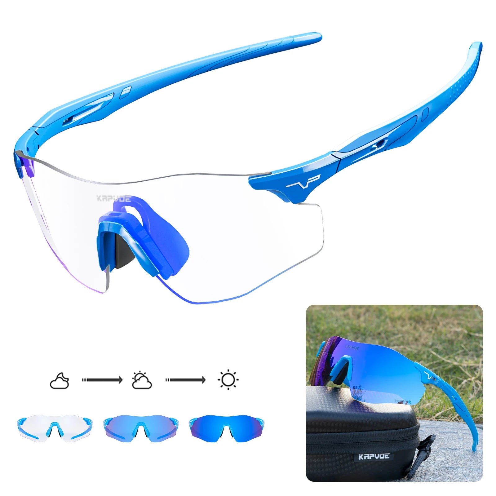 Kapvoe Photochromic Sports Sunglasses Rimless Cycling Glasses Bike Bicycle Glasses Men's MTB Road Running Goggles Red Blue UV400