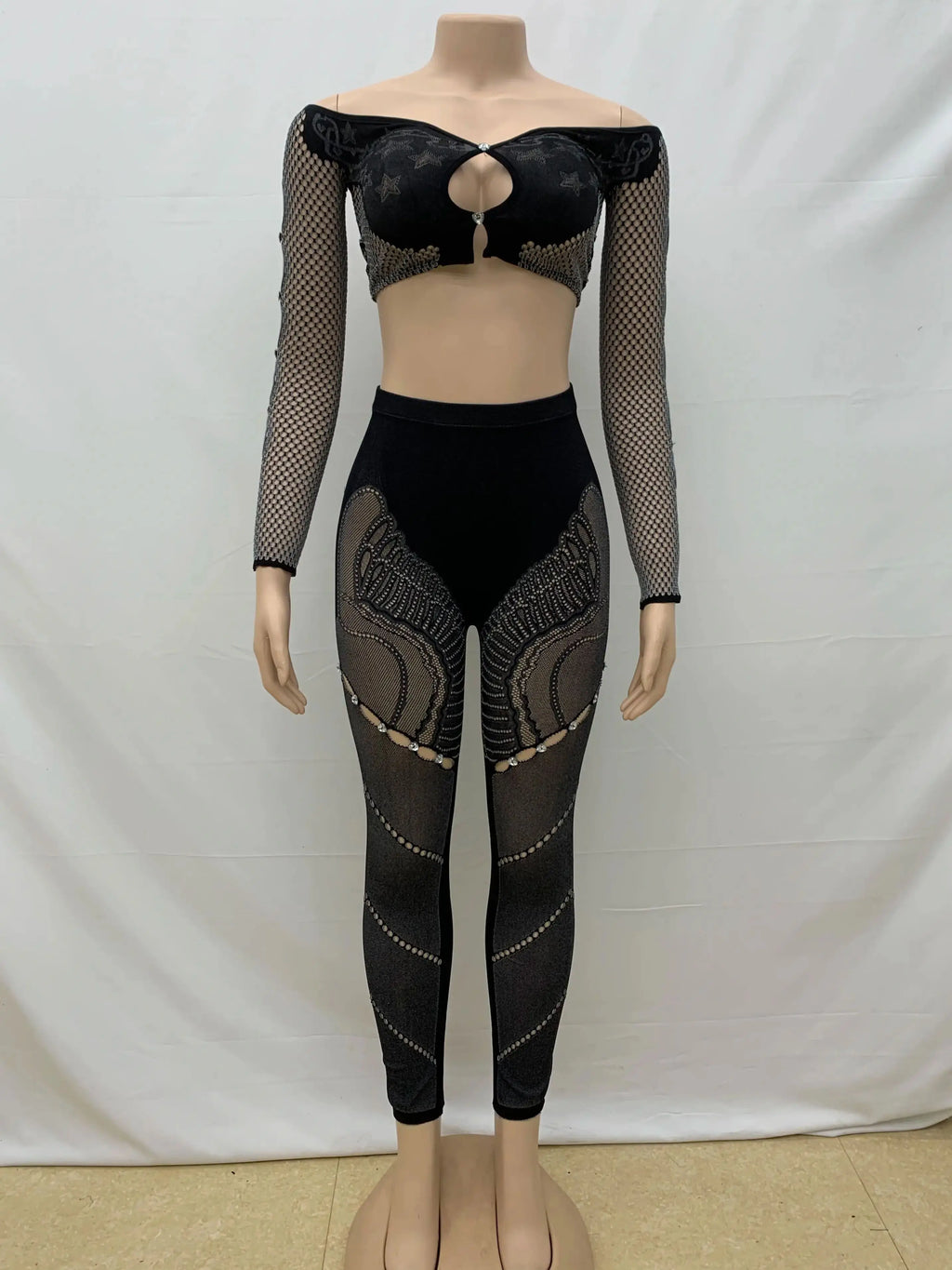 Nibber Slash Neck 2 Piece Set Sexy Thick Women Chic Hollow Rhinestones Crop Tops+Patchwork Leggings Stretch Matching Clubwear