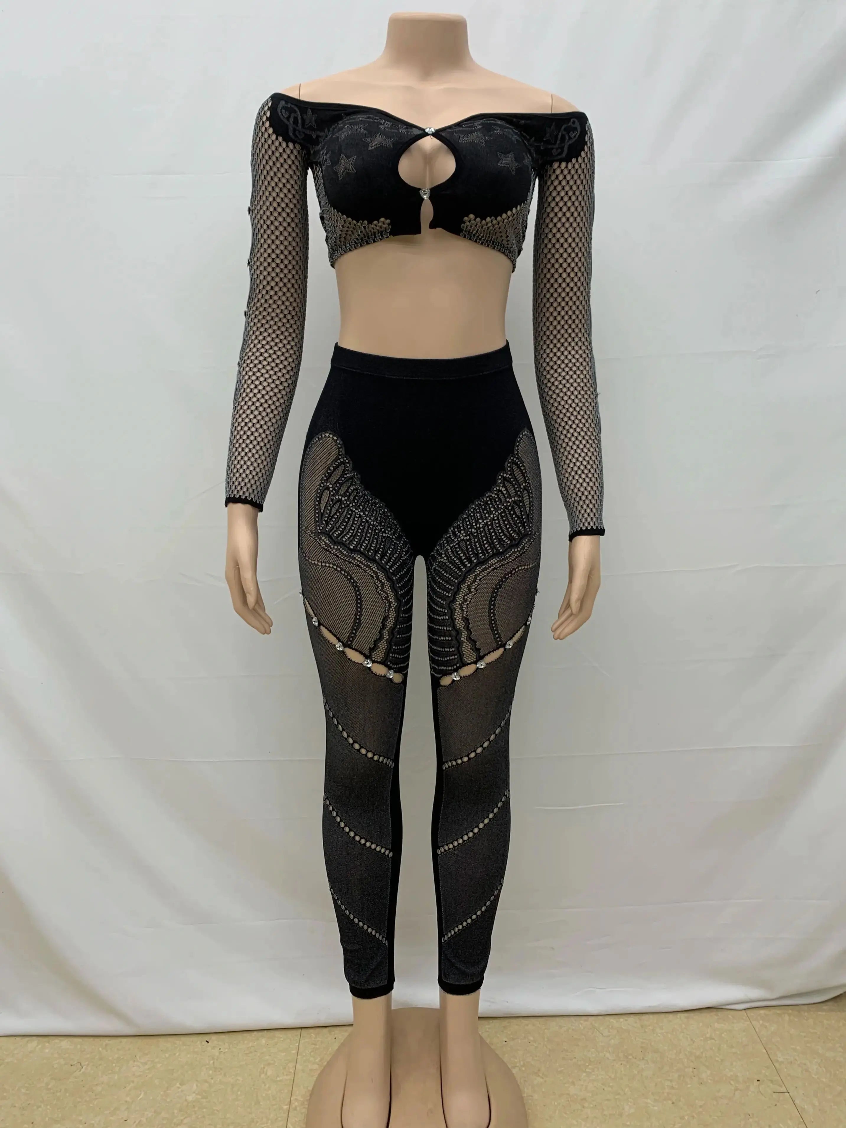 Nibber Slash Neck 2 Piece Set Sexy Thick Women Chic Hollow Rhinestones Crop Tops+Patchwork Leggings Stretch Matching Clubwear