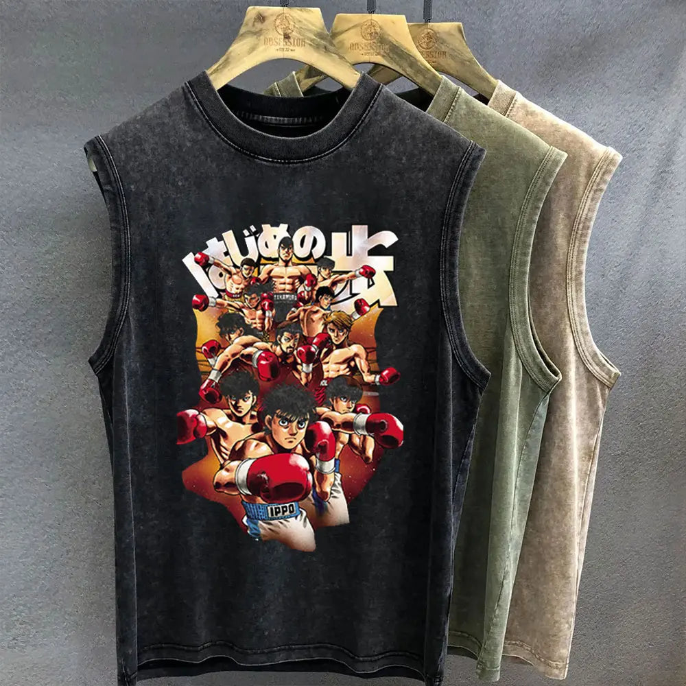 Men's Tank Top Anime Hajime No Ippo Graphic T-shirt Print Oversized Gym Clothing Vintage Wash Sleeveless Vest Womens Y2k Clothes
