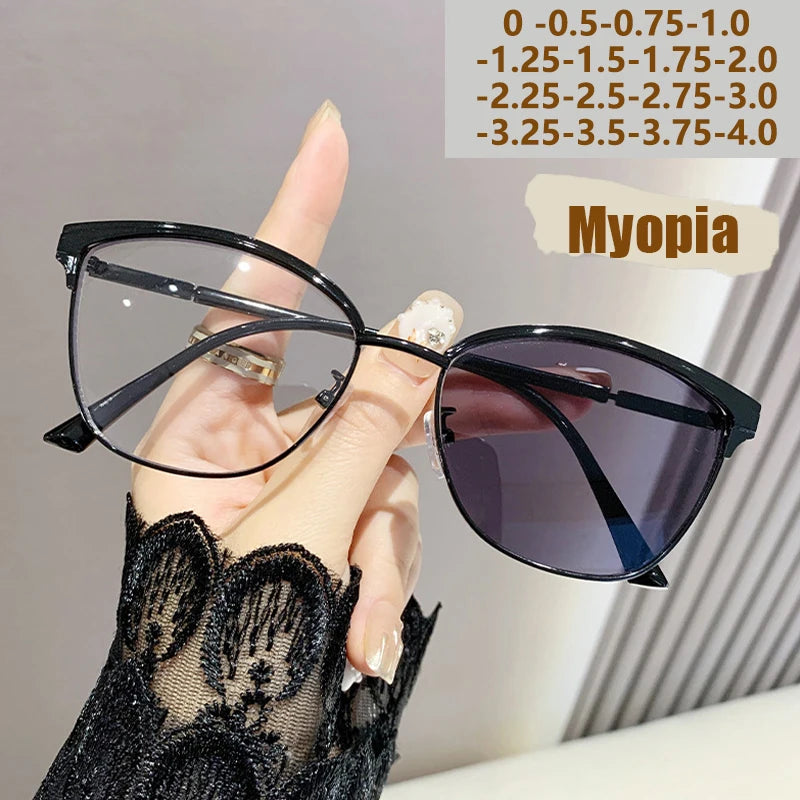 Photo-sensitive Color-changing Anti-blue Light Nearsighted Glasses For Women With Large Frames 015