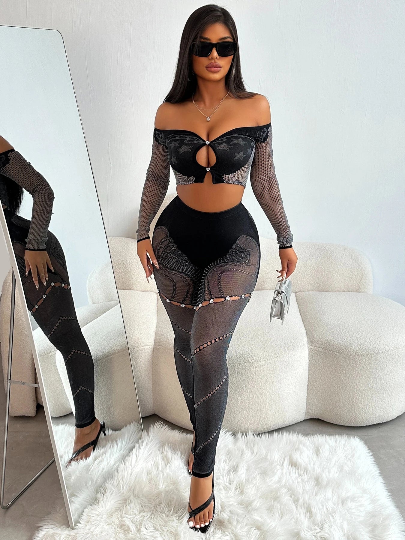 Nibber Slash Neck 2 Piece Set Sexy Thick Women Chic Hollow Rhinestones Crop Tops+Patchwork Leggings Stretch Matching Clubwear