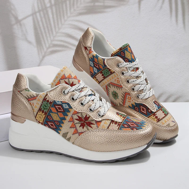 Bohemian Style Wedge Heel Sneakers Women Autumn 2025 Geometric Pattern Casual Sports Shoes Woman Lightweight Platform Sneakers