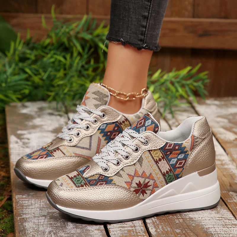 Bohemian Style Wedge Heel Sneakers Women Autumn 2025 Geometric Pattern Casual Sports Shoes Woman Lightweight Platform Sneakers
