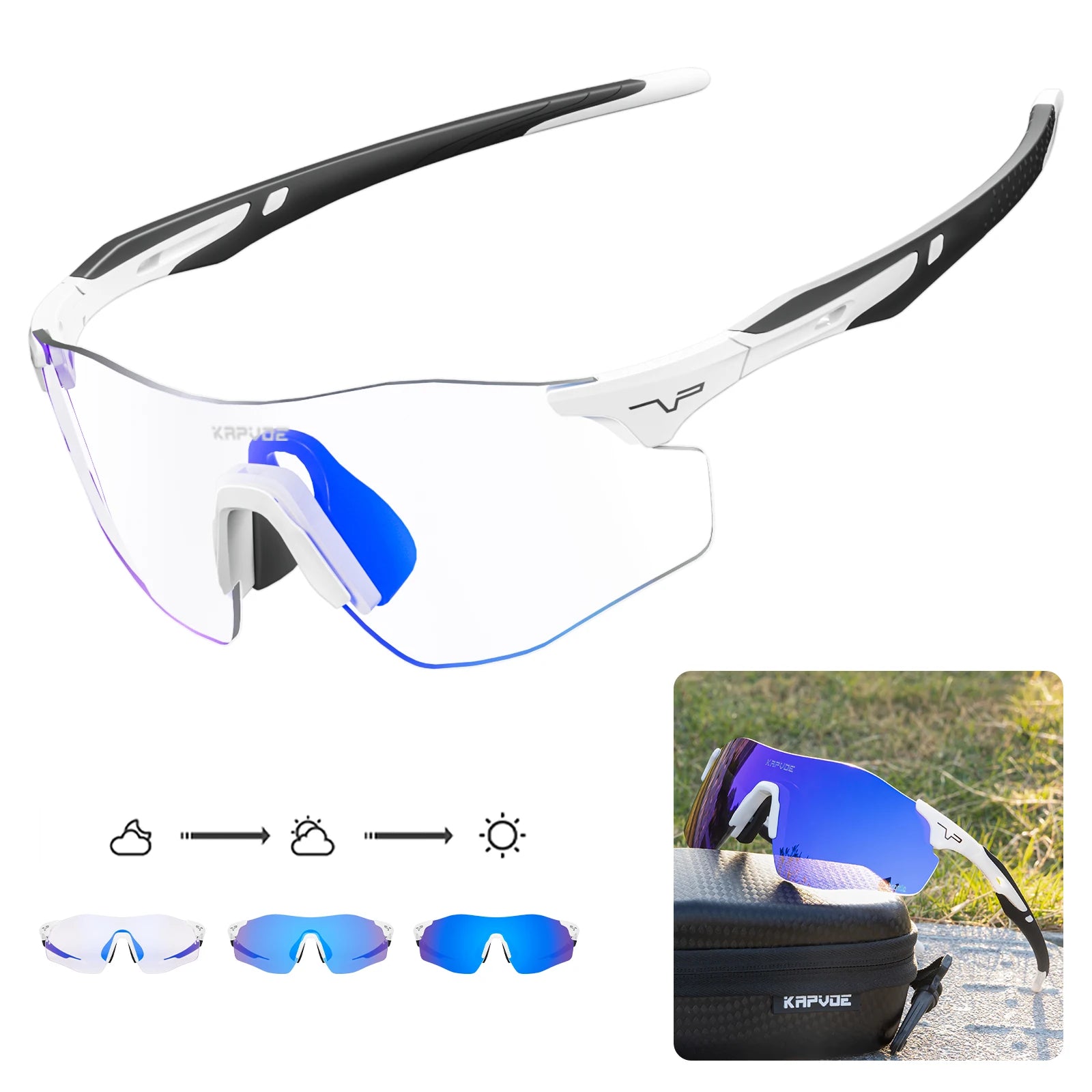 Kapvoe Photochromic Sports Sunglasses Rimless Cycling Glasses Bike Bicycle Glasses Men's MTB Road Running Goggles Red Blue UV400