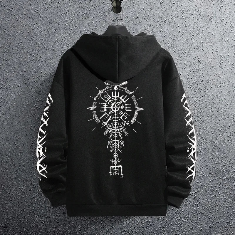 2025 Brand New Black Sweatshirts Autumn Winter Male Daily Casual Sporty Jogging Hoodie Men's Ancient Viking Raven Print Pullover