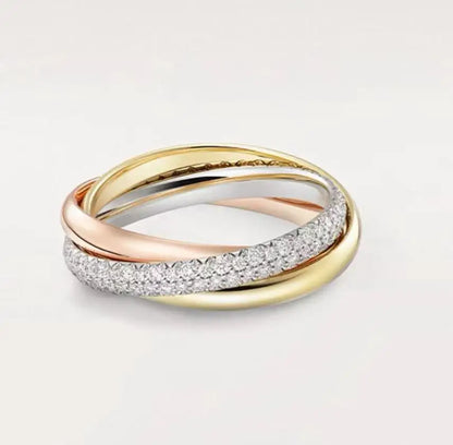 [Three-color three-ring ring] with diamonds, fashionable and personalized niche design 18K rose gold, gold versatile, simple and