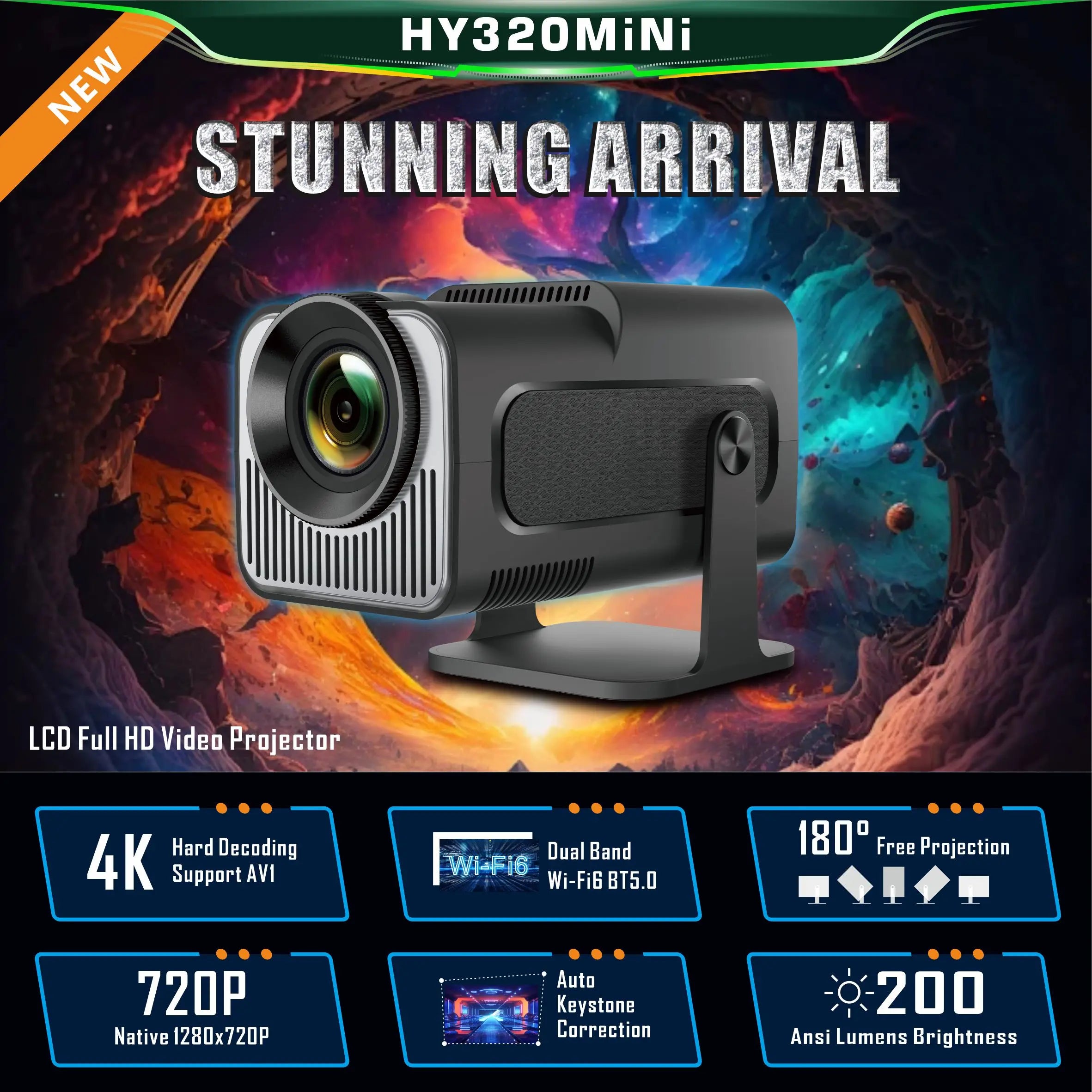 Projector 4K HY320 mini 720P Dual Wifi6 BT5.0 Home Outdoor Cinema Movie Smart Mini 180° Rotable Portable Projectors