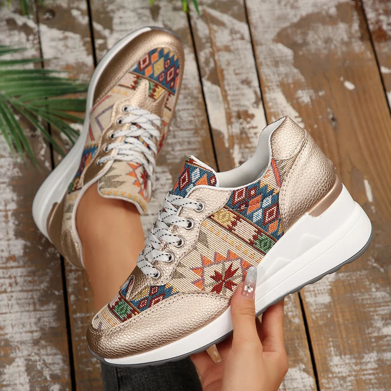 Bohemian Style Wedge Heel Sneakers Women Autumn 2025 Geometric Pattern Casual Sports Shoes Woman Lightweight Platform Sneakers