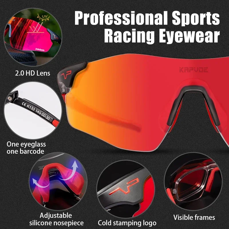 Kapvoe Photochromic Sports Sunglasses Rimless Cycling Glasses Bike Bicycle Glasses Men's MTB Road Running Goggles Red Blue UV400