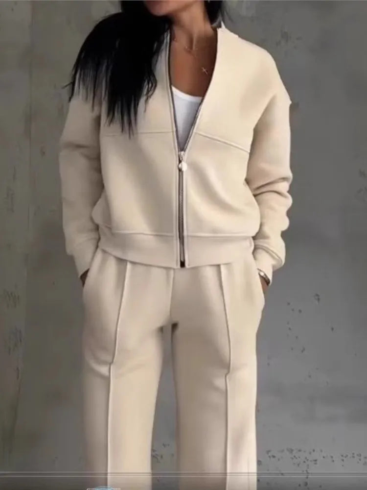 Women Tracksuit 2 Pieces Set Fashion Long Sleeve Zipper Coat Casual Solid Sweatshirt Straight Pants Suit Ladies Autumn Sportwear