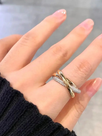 [Three-color three-ring ring] with diamonds, fashionable and personalized niche design 18K rose gold, gold versatile, simple and
