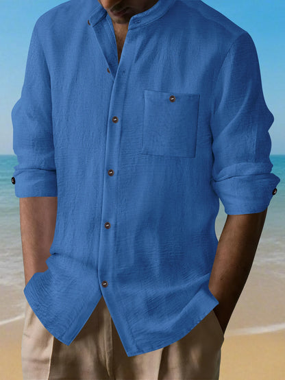 2025 New Style Men's Linen V-Neck Shirt Loose Top European Style Cardigan Linen Long-Sleeved Shirt