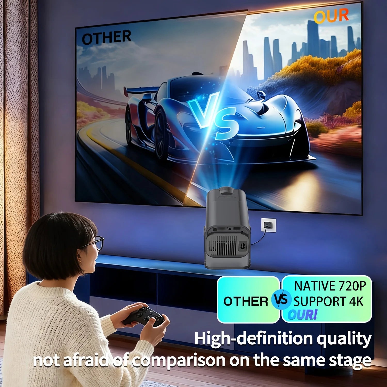 High-Definition Projector with Auto Keystone Correction and 180° Rotation, Android, Wi-Fi 6/BT5.4, Native 720P Resolution/Supports 4K Decoding, Compatible with Netflix/Prime Video/Hulu, Indoor/Outdoor Home Theater, Ideal Gif