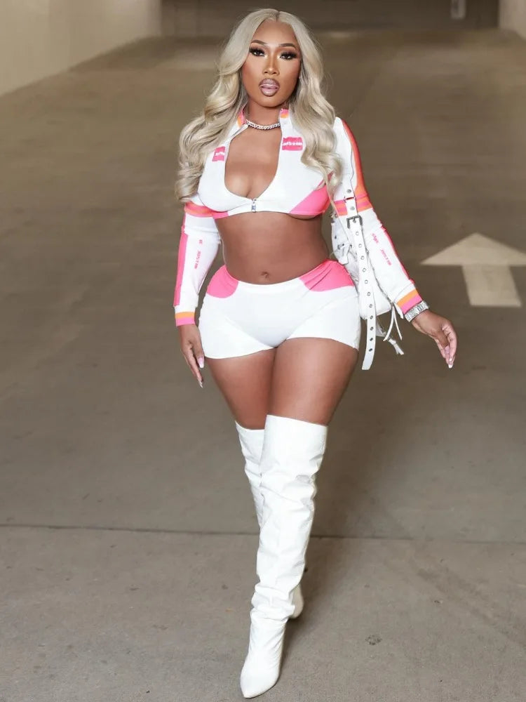 Nibber Contrast Patchwork 2 Piece Set Women Cardigan Full Sleeve Crop Jacket+Shorts Matching Hottie Street Cool Sporty Tracksuit