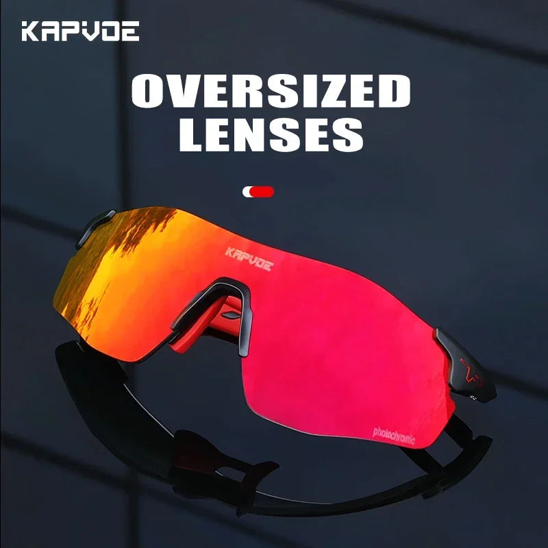 Kapvoe Photochromic Sports Sunglasses Rimless Cycling Glasses Bike Bicycle Glasses Men's MTB Road Running Goggles Red Blue UV400