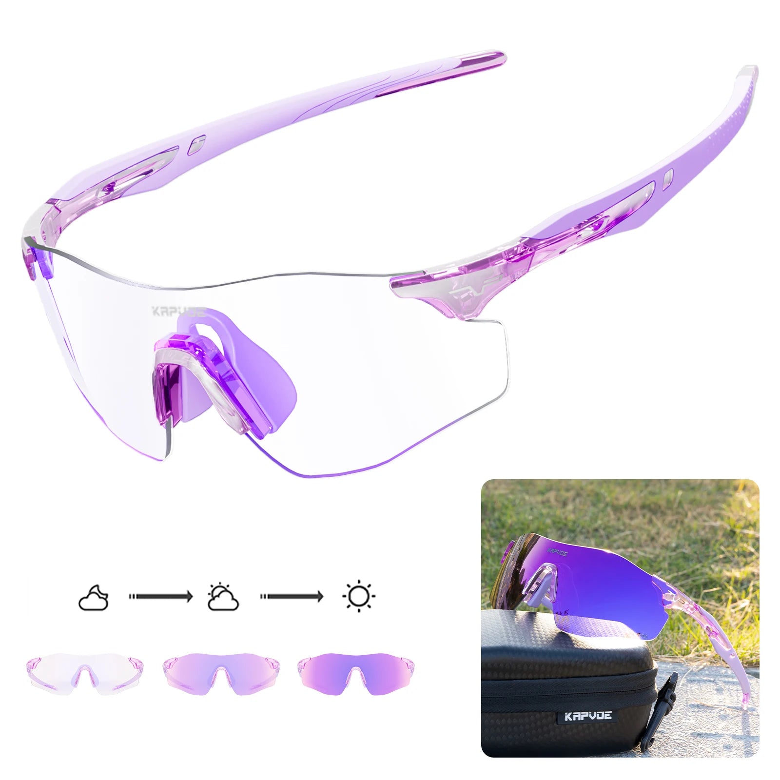 Kapvoe Photochromic Sports Sunglasses Rimless Cycling Glasses Bike Bicycle Glasses Men's MTB Road Running Goggles Red Blue UV400