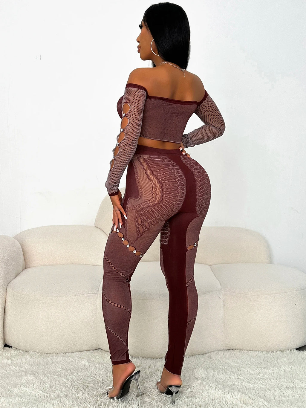 Nibber Slash Neck 2 Piece Set Sexy Thick Women Chic Hollow Rhinestones Crop Tops+Patchwork Leggings Stretch Matching Clubwear