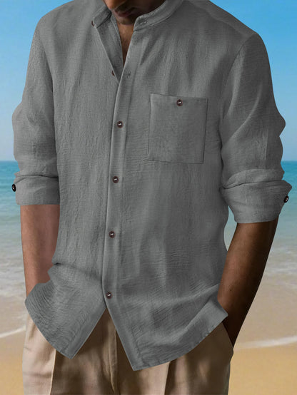 2025 New Style Men's Linen V-Neck Shirt Loose Top European Style Cardigan Linen Long-Sleeved Shirt