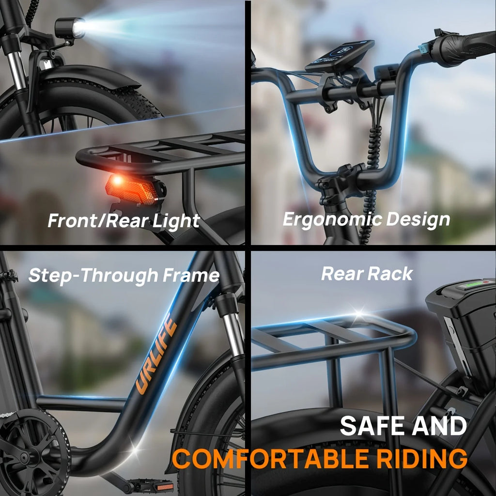 URLIFE 1000W E20 Electric Bike | 48V 13Ah Removable Battery, 20MPH, 20''X3" Fat Tire, 7-Speed E-Bike with Dual Disc Brake