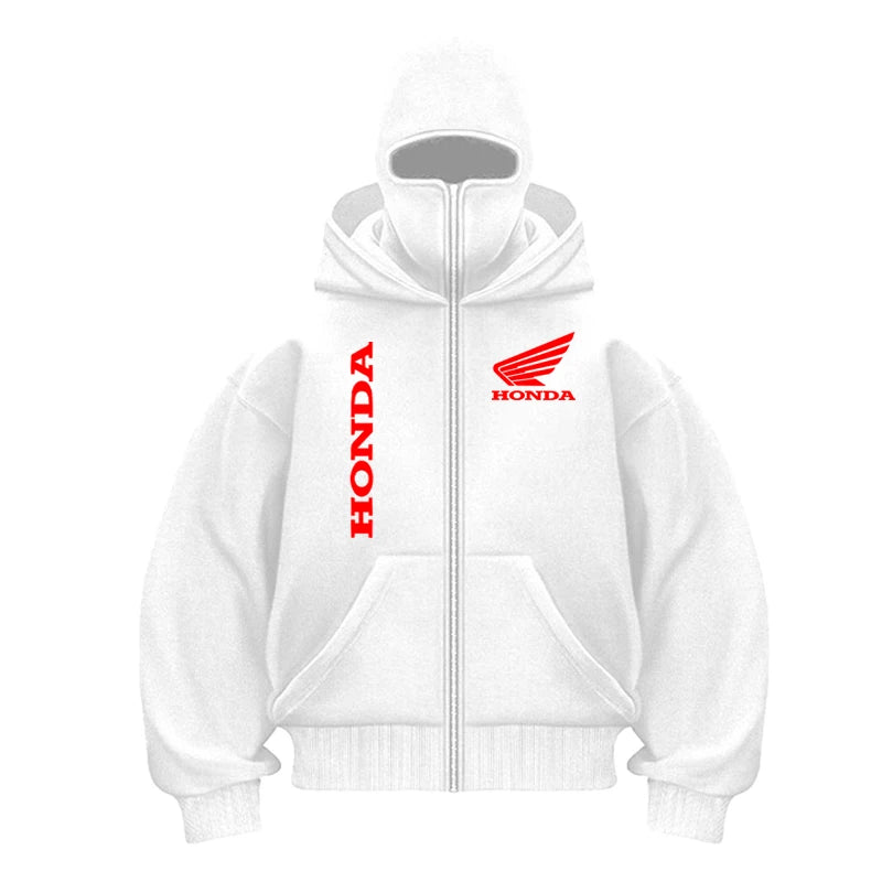 Men and women Honda Logo Motorcycle Jacket Gothic Winter New Double Hooded Fashion Sweatshirt Men's Hooded Mask Zipper Sportswea