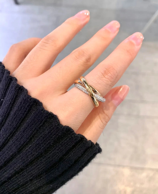 [Three-color three-ring ring] with diamonds, fashionable and personalized niche design 18K rose gold, gold versatile, simple and