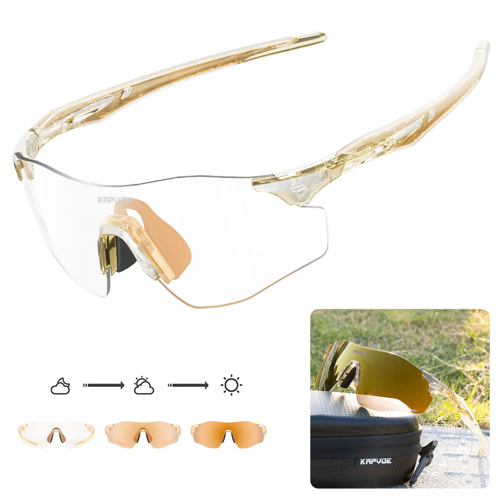 Kapvoe Photochromic Sports Sunglasses Rimless Cycling Glasses Bike Bicycle Glasses Men's MTB Road Running Goggles Red Blue UV400