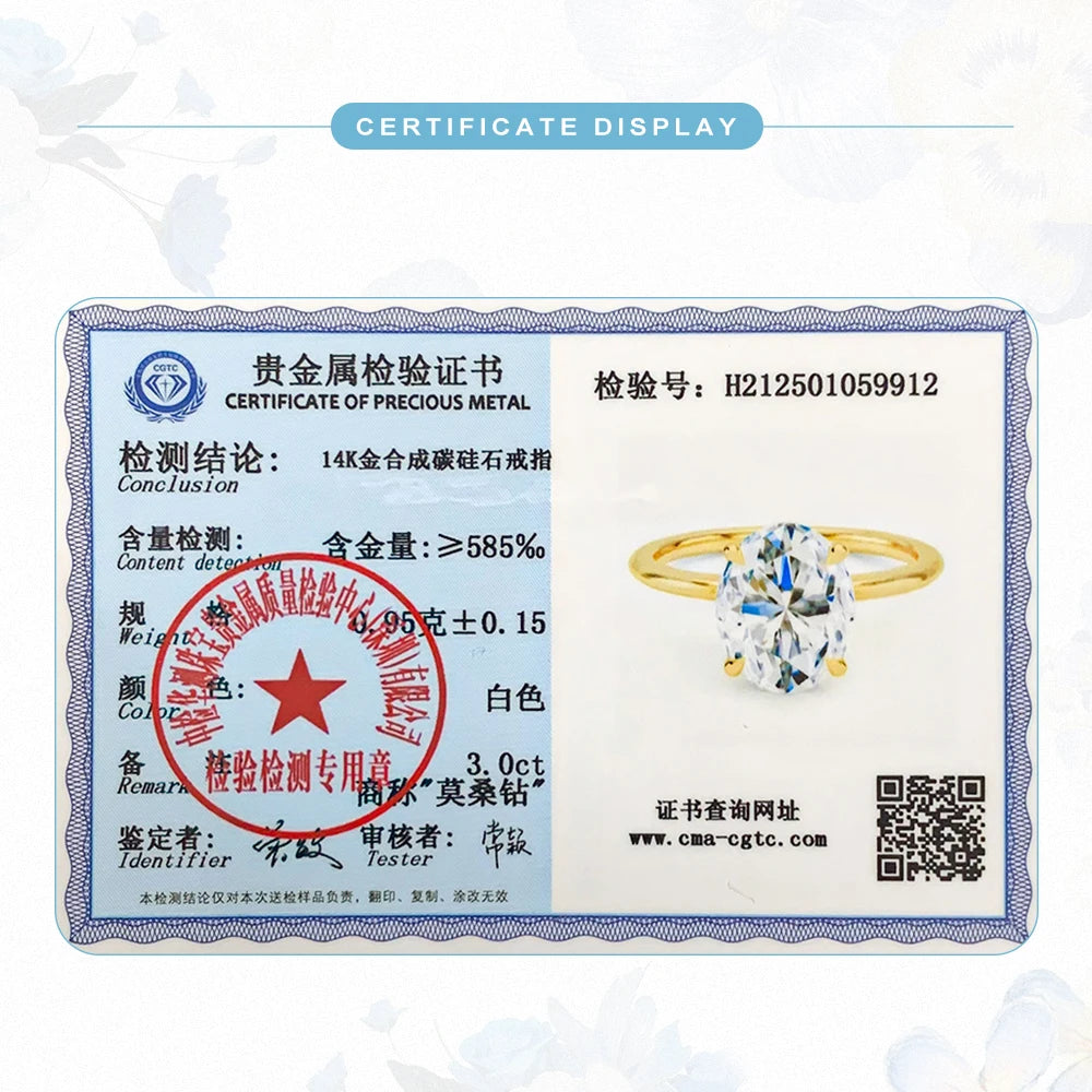 AU585 2ct 3ct Oval Moissanite Diamond Ring for Women 100% 14K Gold Egg Shaped Wedding Band Classic Luxury Jewelry Certified