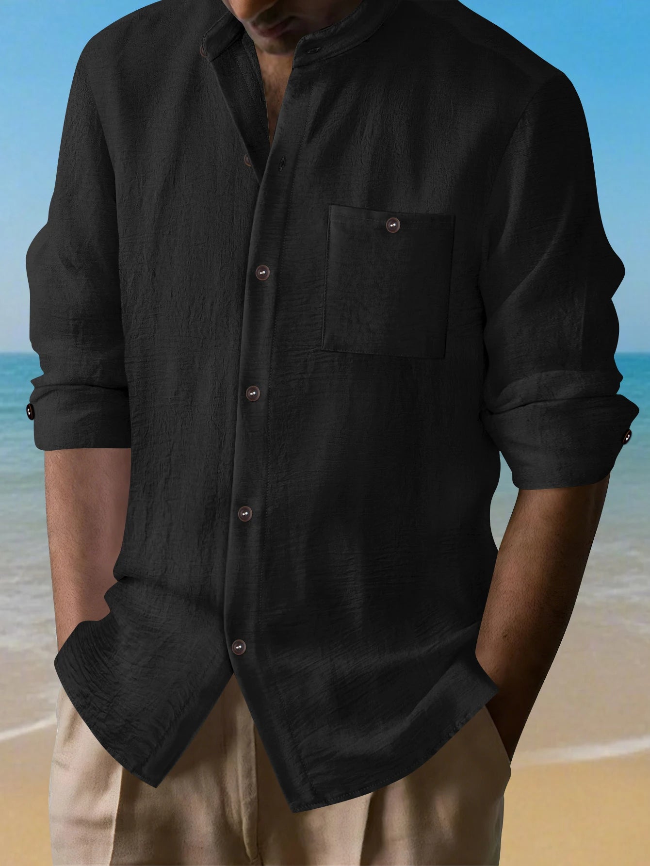 2025 New Style Men's Linen V-Neck Shirt Loose Top European Style Cardigan Linen Long-Sleeved Shirt