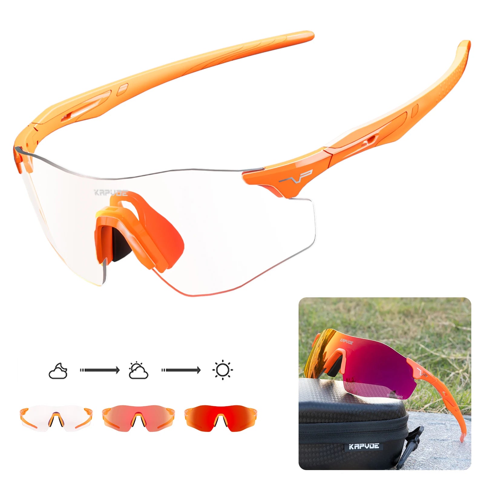 Kapvoe Photochromic Sports Sunglasses Rimless Cycling Glasses Bike Bicycle Glasses Men's MTB Road Running Goggles Red Blue UV400